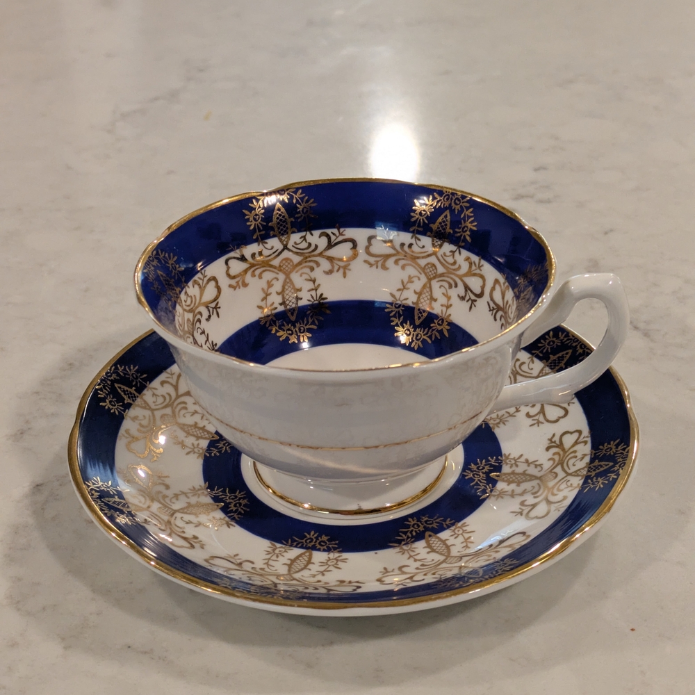 Vintage Royal Grafton Blue and Gold Patterned Teacup and Saucer Set 1940s.